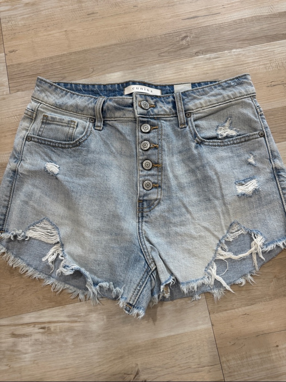 eunina Light Wash Distressed Denim Button-Fly Shorts
